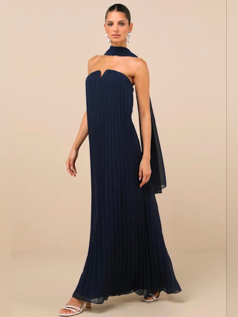 Lulu's sz XXL Navy Strapless Pleated Maxi Dress with Neck Scarf